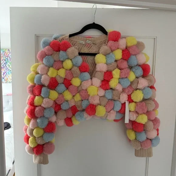 ❌SOLD❌Alice + Olivia Fawn Pompom Cropped Jacket XS/S Multicolor Cardigan Ribbed - Picture 11 of 15
